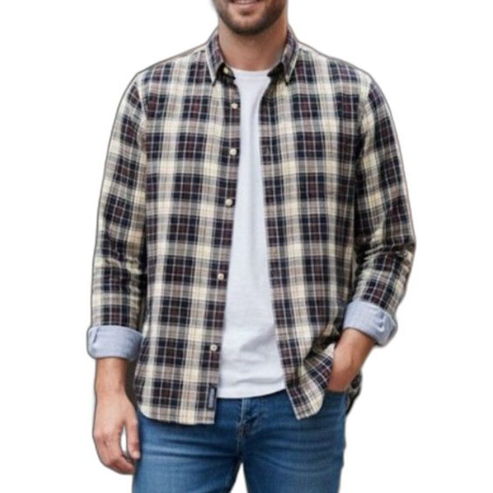 Saks Fifth Ave. Men's Blue Red Tartan Tan Plaid Cotton LS Button-Up Shirt Size M